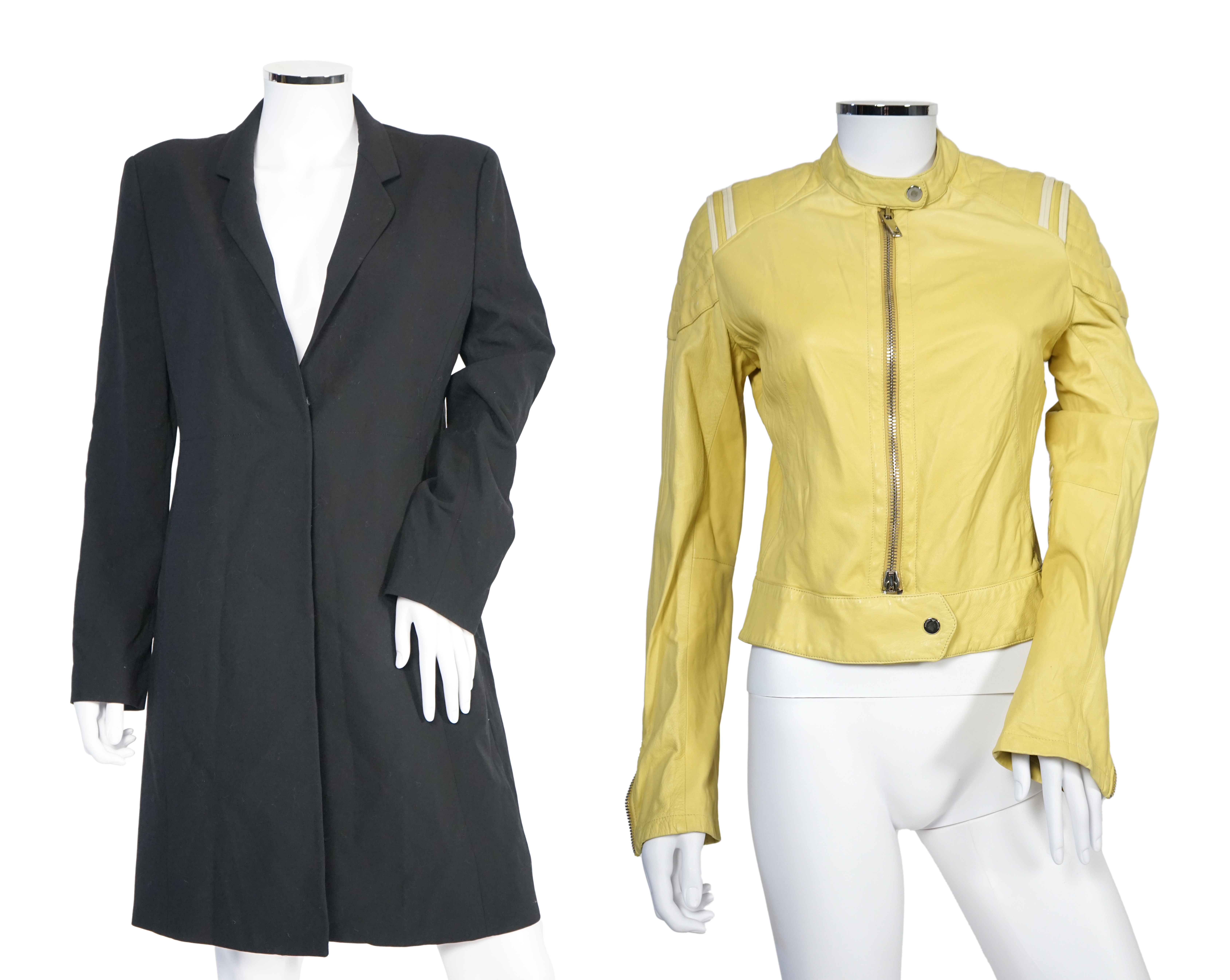 Two Emporio Armani lady's black jackets and one yellow leather biker jacket, long jacket size EU 40, both the others are size EU 42